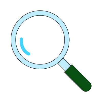 A magnifying glass with a green handle, representing observation, review, analysis, inspection, or close examination.